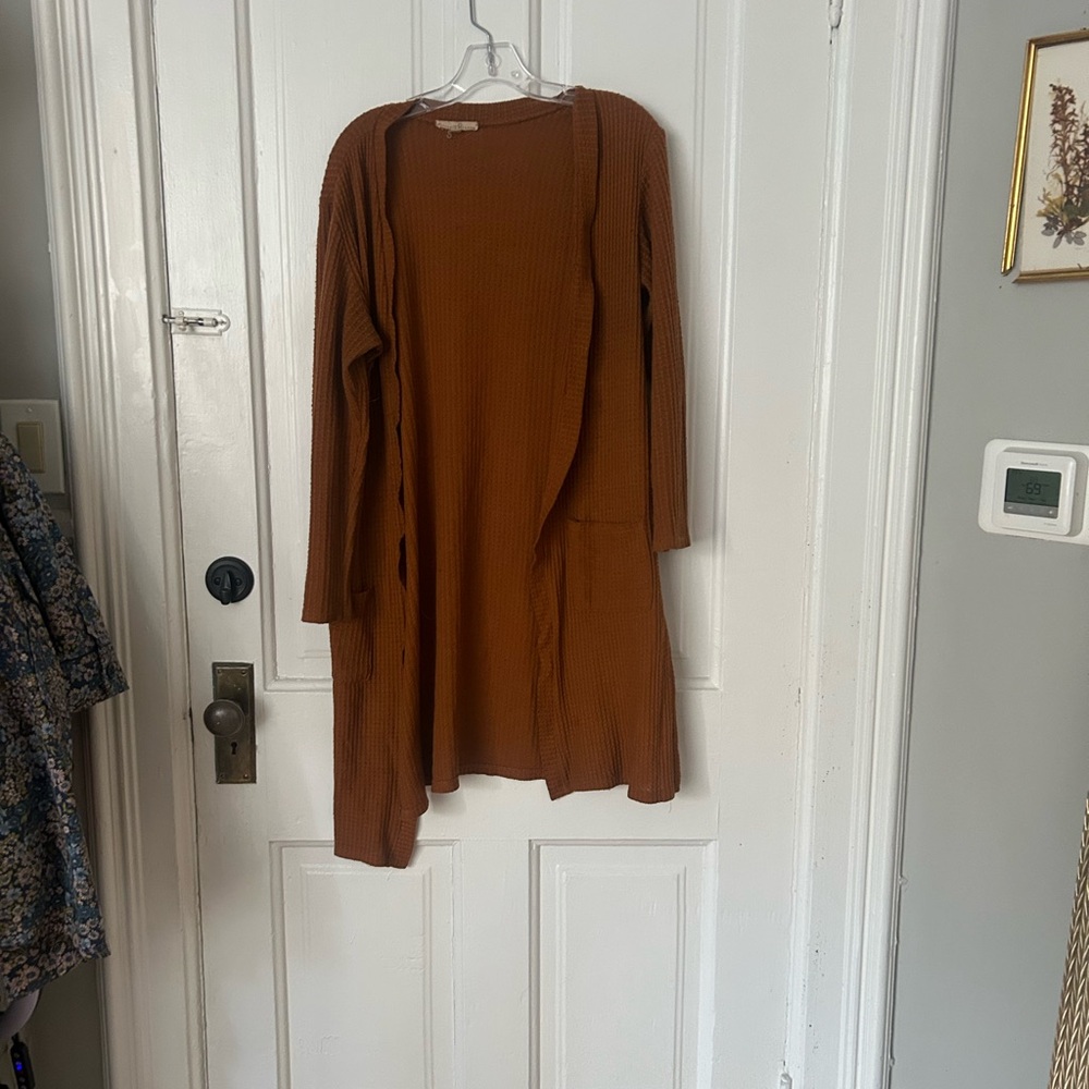 Long Open-Front Rust Brown Waffle Knit Cardigan Sweater